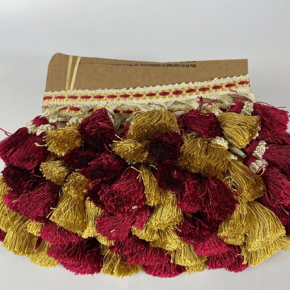 Silk 4 Yards Red & Gold Tassel Trim Embroidered Cream Band For Crafts & Decor - Picture 4 of 4